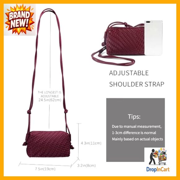 Hand Woven Vegan Leather Crossbody Bag Small Sling Purse Chic Retro Style - Picture 4 of 7